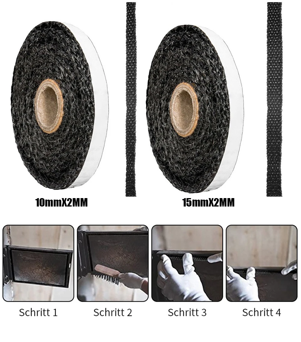 Wood burning stove seal fiberglass rope 10/15mm fireplace sealing rope wood burning stove door self-adhesive fiberglass sealing cord replacement 2M black gasket tape