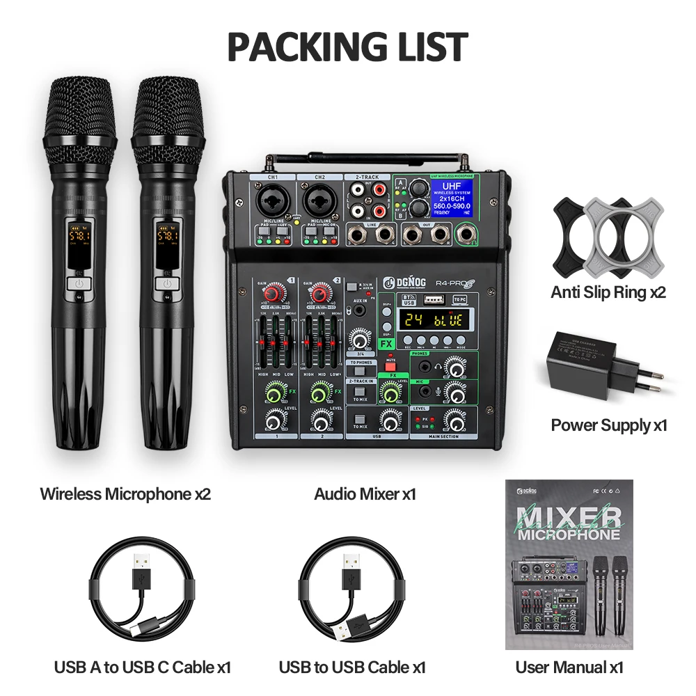 4 Channel Karaoke Audio Mixer Dual UHF Wireless Microphone USB Bluetooth DJ Mixer for Party Computer Studio Recording DGNOG