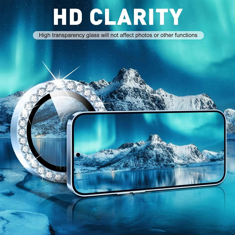 Diamond Camera Lens Protector with Shiny Tempered Glass and Alloy Metal Ring
