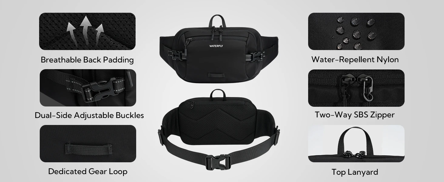 WATERFLY 3L große Gürteltasche für Damen und Herren, 180 ° Öffnende Hüfttasche mit mehreren Taschen, Diebstahlschutz, RFID für Reisen, Wandern, Alltag – Detail 6