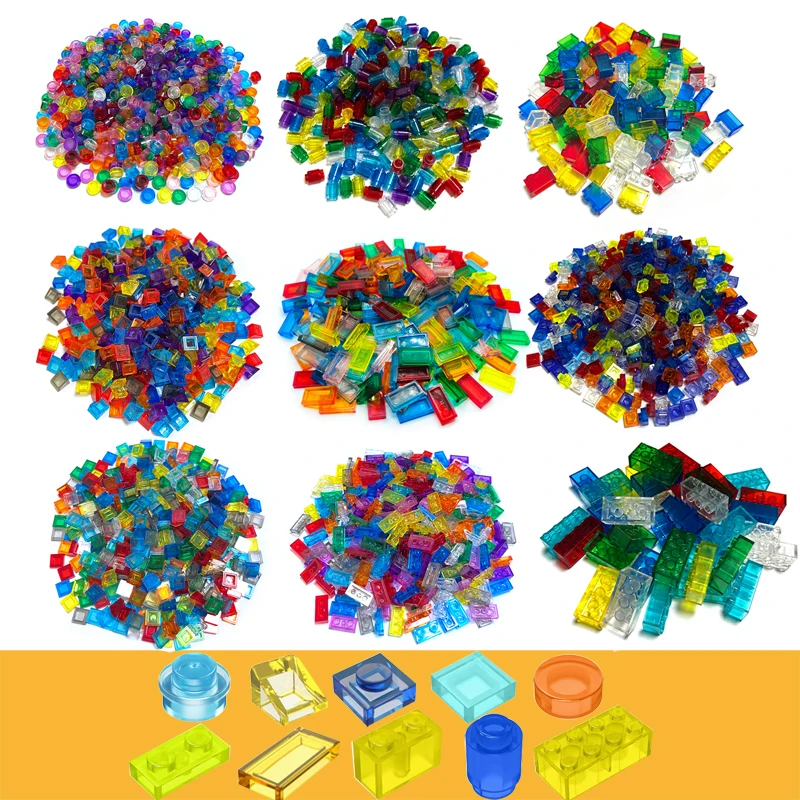 300PCS Transparent Mixed Color Plate Tile Slope Round 1x1 3024 4073 98138 3070 54200 Building Block Part Brick Pixel Art DIY Toy 3