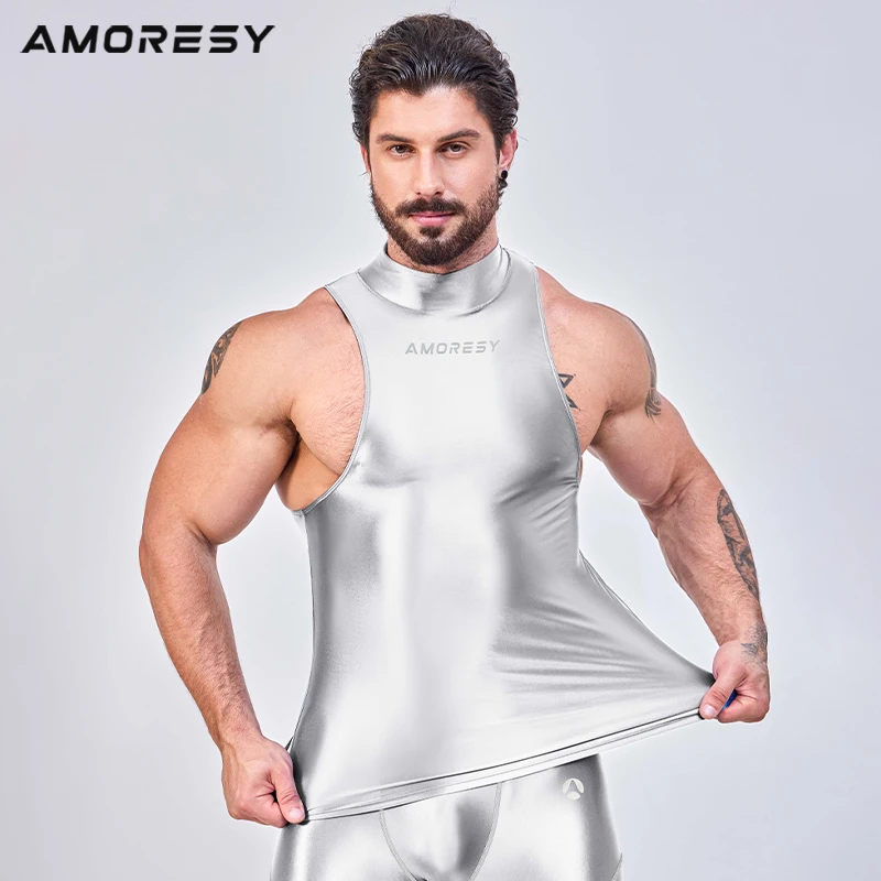 AMORESY men gloss High neck sports vest Shiny breathable Tights smooth yoga workout Training clothes