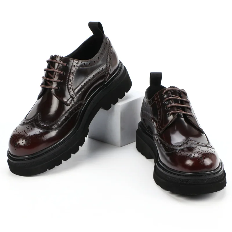 Brogue Carved Real Leather Shoes Men Genuine Leather Thick Soled Formal Business Casual Fashion Comfortable Wedding Dress Shoes