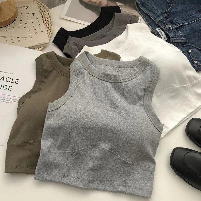 Women Undershirt Summer Short I-Word Women Beauty All-In-One with Bra Pads Inner Slimming Wrap Short Section Navel Sleeveless Vest