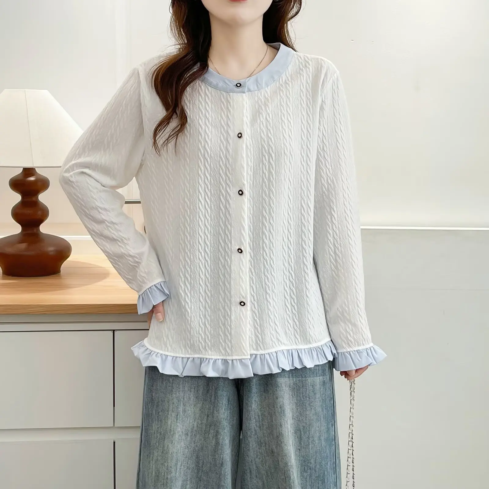 Fashion Plus Size Women's Blouse New Autumn Style Color Blocking Ruffled Hem O-Neck Long Sleeve Tops 812