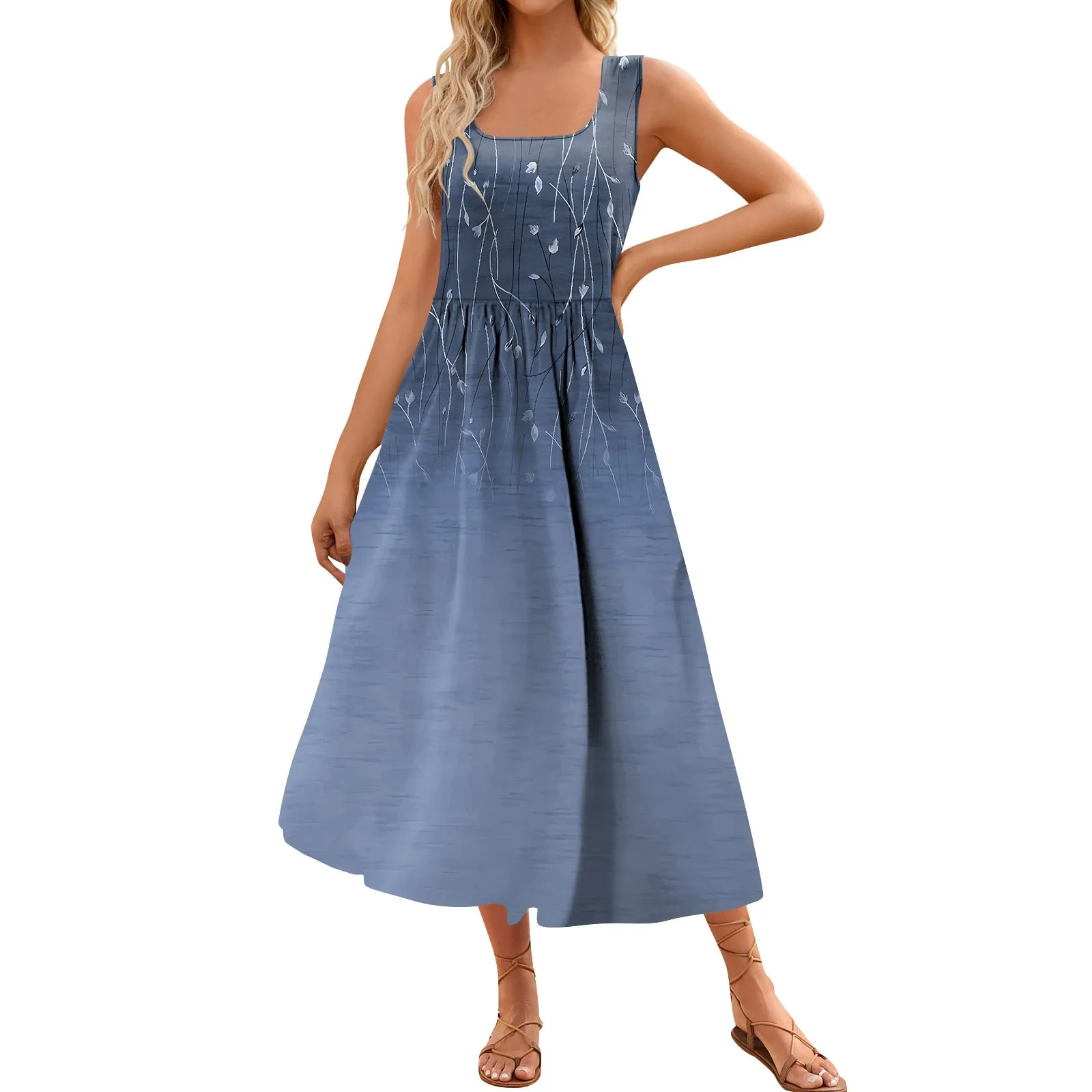 

Women's 2024 Summer Maxi Dress Casual Floral Print Sleeveless Square Neck Flowy Long Beach Elegant Tank Sundresses With Pockets