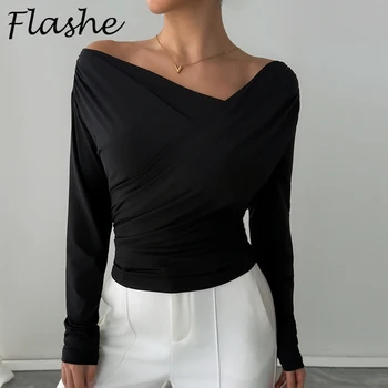 Top a maniche lunghe tinta unita moda donna T-shirt da ufficio femminile per donna Camicia elegante da donna autunnale Camicia basic rossa nera 1