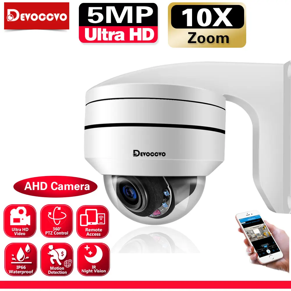 CCTV 5MP MINI Dome PTZ Security Camera 10X Zoom Remote Access PTZ IR Night Vison Auto Tracking Home AHD Surveillance Camera