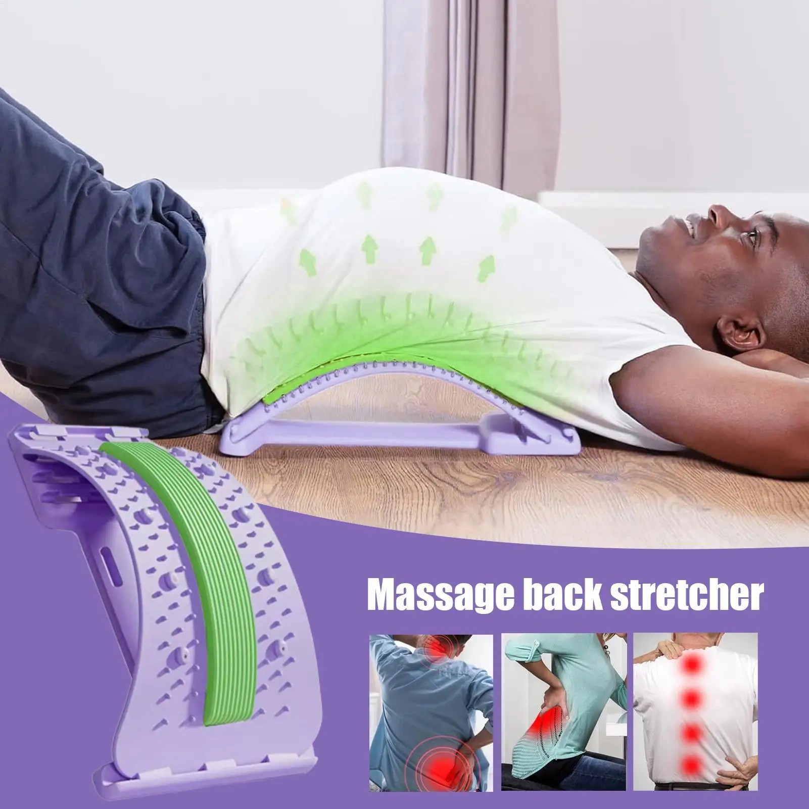 Back Arch Stretcher 3-Level Adjustable Back Board Stretcher Adjustable Non-slip Lumbar Massager for Body Recovery Muscle Release