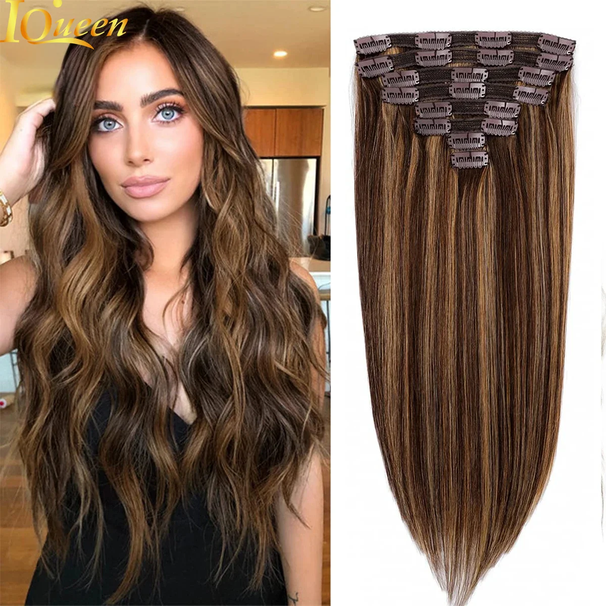 Straight Hair Clip In Human Hair Extensions Real Human #4/27 Brown Highlights Blonde Clip Ins Remy For Women 120G