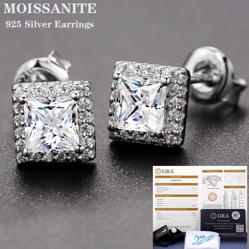 

Luxury 925 Sterling Silver 2CT Moissanite Stud Earrings For Women Princess Cut D Color VVS1 Ear Clip Wedding Fine Jewelry Gifts