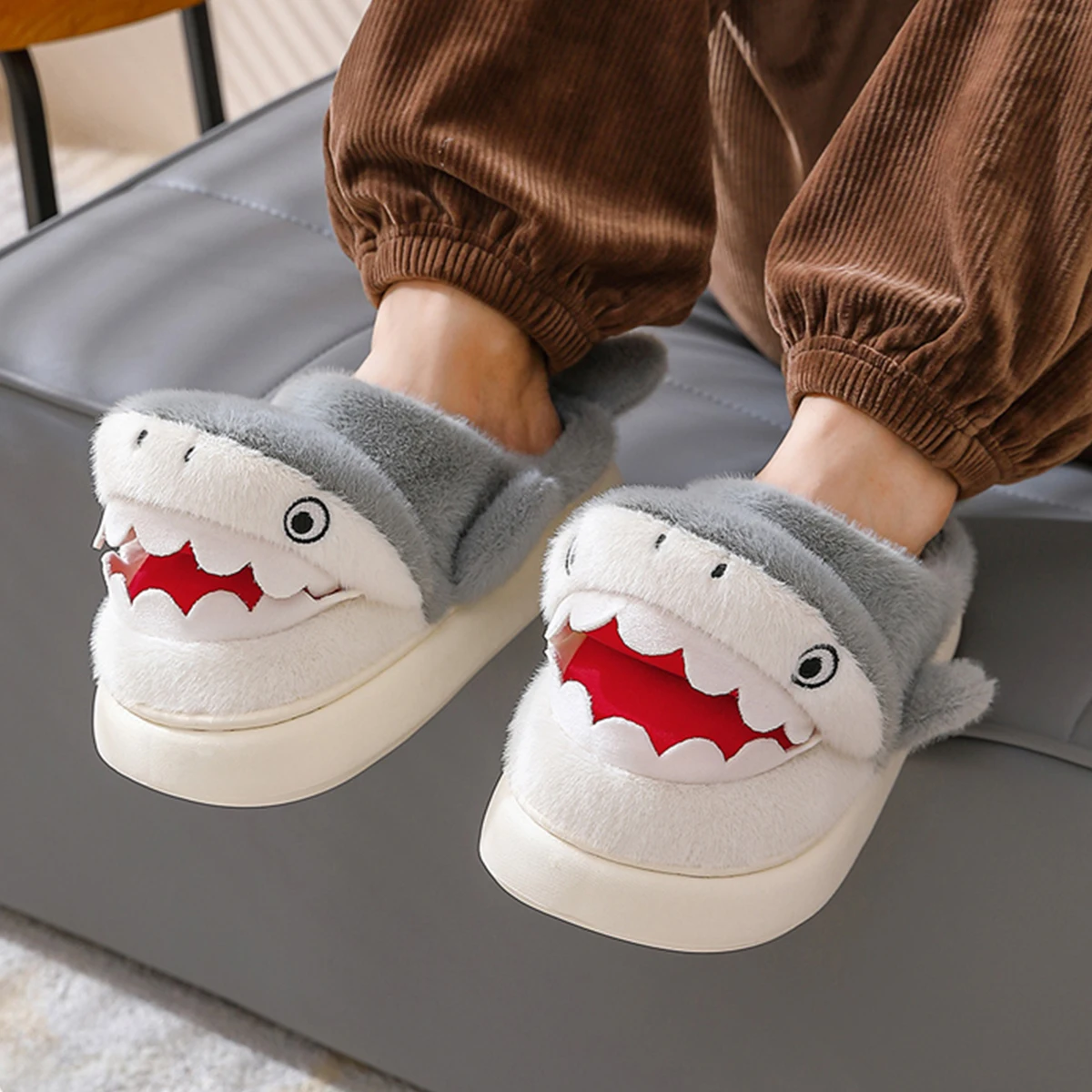 Mo Dou Cute Cartoon Shark Slippers for Women Winter Autumn Home Slippers for Men Non Slip Warm Plush Slippers for Unisex 5
