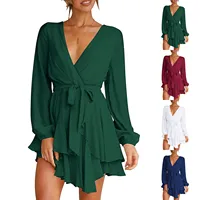 Ladies’ High Waist Irregular Skirt Hem Sexy Solid Color Commute Long Sleeve Deep V-neck Casual Elegant Fashion Mini Dress - Image 5