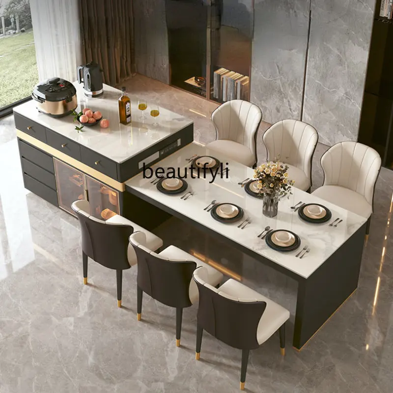 Yj Stone Plate Kitchen Island Dining Table Integrated Retractable Light