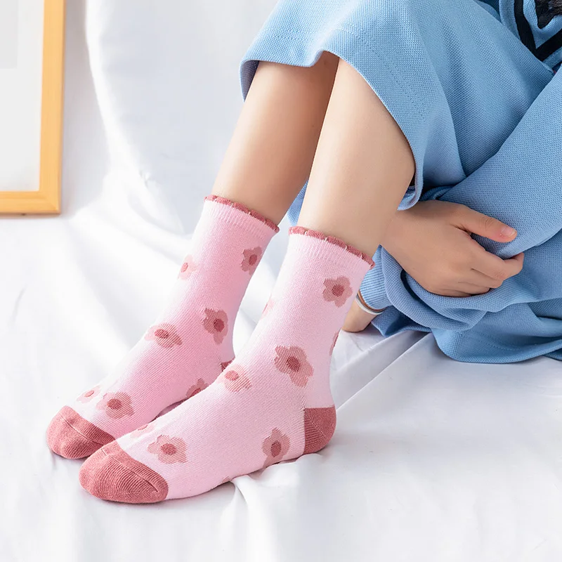 Childrens Socks 5 Pairs Pink Flower Knit