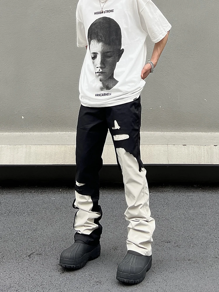 

High Street Irregular Spliced Jeans Men's Trendy Brand American Harajuku Trendy Straight Tube Workwear Casual Pants