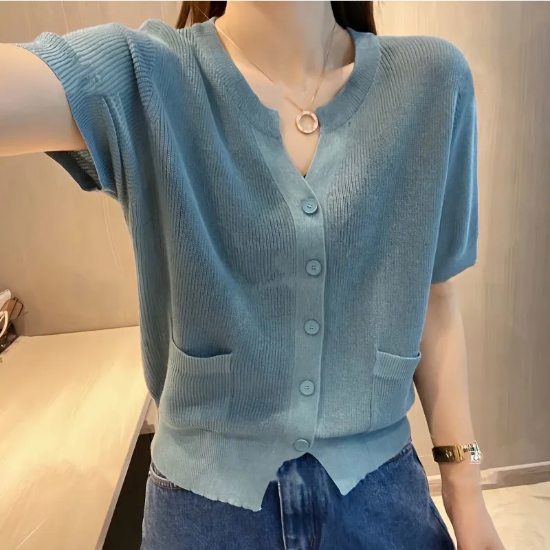 

2024 New Summer Sexy Oversized High Waist Retro Office Lady Women's Shirt Korean Style High Waist V Neck Short Sleeve Chic Tops