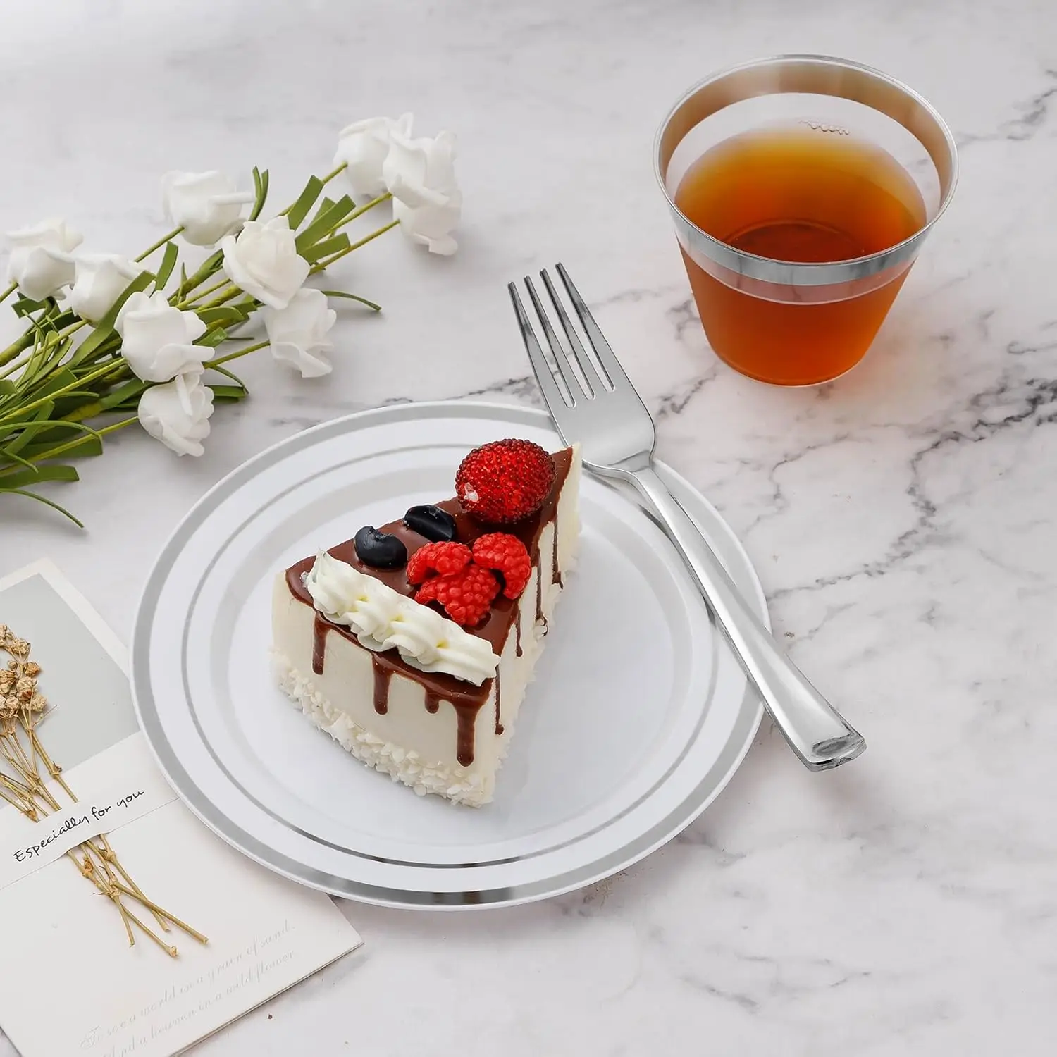 600PCS Plastic Dinnerware Set (100 Guests), Silver Disposable Plates for Party, Wedding, Includes: Dinner, Dessert, Cups, Spoons