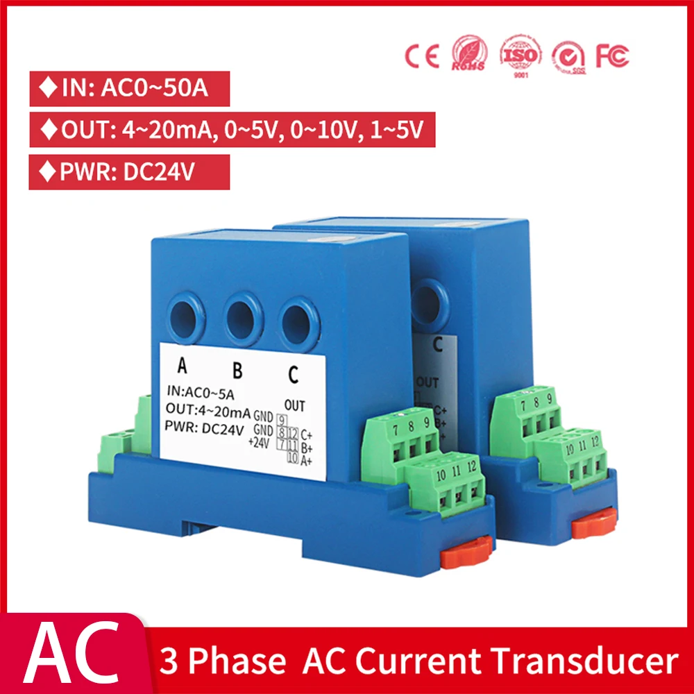 

3 Phase Current Transmitter 4-20ma 0-5v 0-10v Analog Output Perforated Three Phase Ampere Signal Transducer