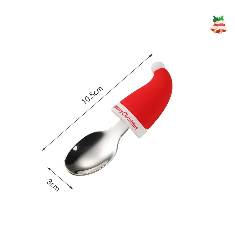 304 Christmas Gift Children's Stainless Steel Tableware Set Children's Silicone Handle Christmas Hat Short Handle Fork Spoon Bab