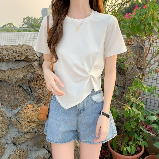 Solid Top Women Clothing T-shirt New Fashion Summer Round Neck Irregular Chic Casual Loose Short-sleeved Tshirts Crop Top - AliExpress