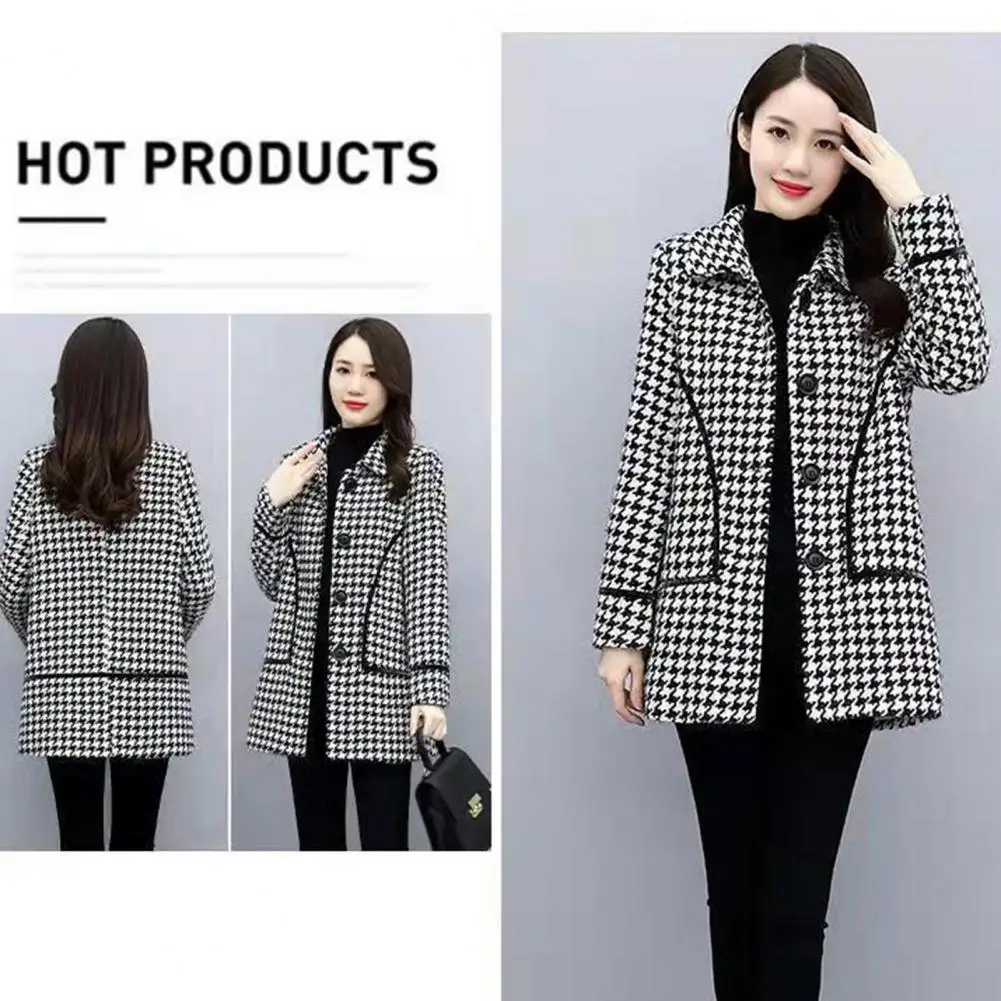 

Women Elegant Outerwear Elegant Herringbone Print Women's Winter Coat with Turn-down Collar Pockets Thick Warm Mid for Fall
