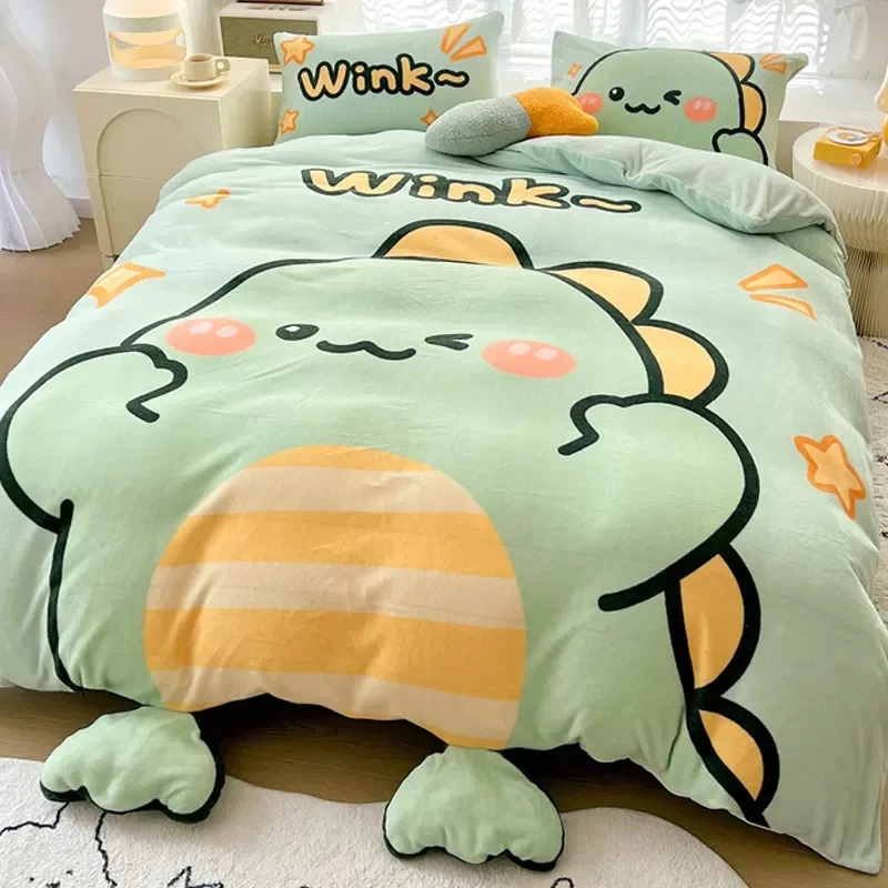 

Cute Cartoon Milk Velvet Bedding Set Luxury Winter Thickened Duvet Quilt Cover For Kids Girls Fleece Bed Sheets Full Queen Size