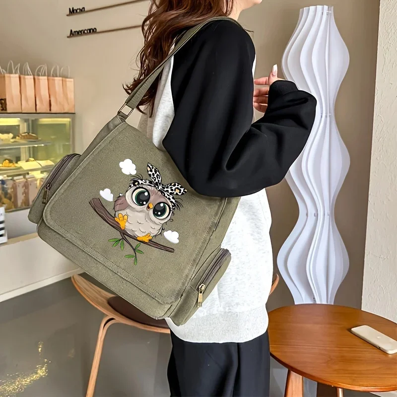 Women's Cute Owl Print Shoulder Bags Multiple Pockets Buckle Crossbody Bag Canvas Messenger Bag Daily Travel