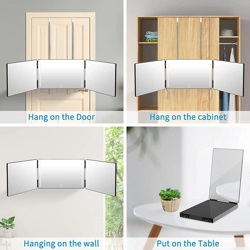 Selfcut Three-Sided Mirror with LED Lights 360 Degree Self-Haircut Folding Mirror Hanging Retractable 3 Way Hair Cutting
