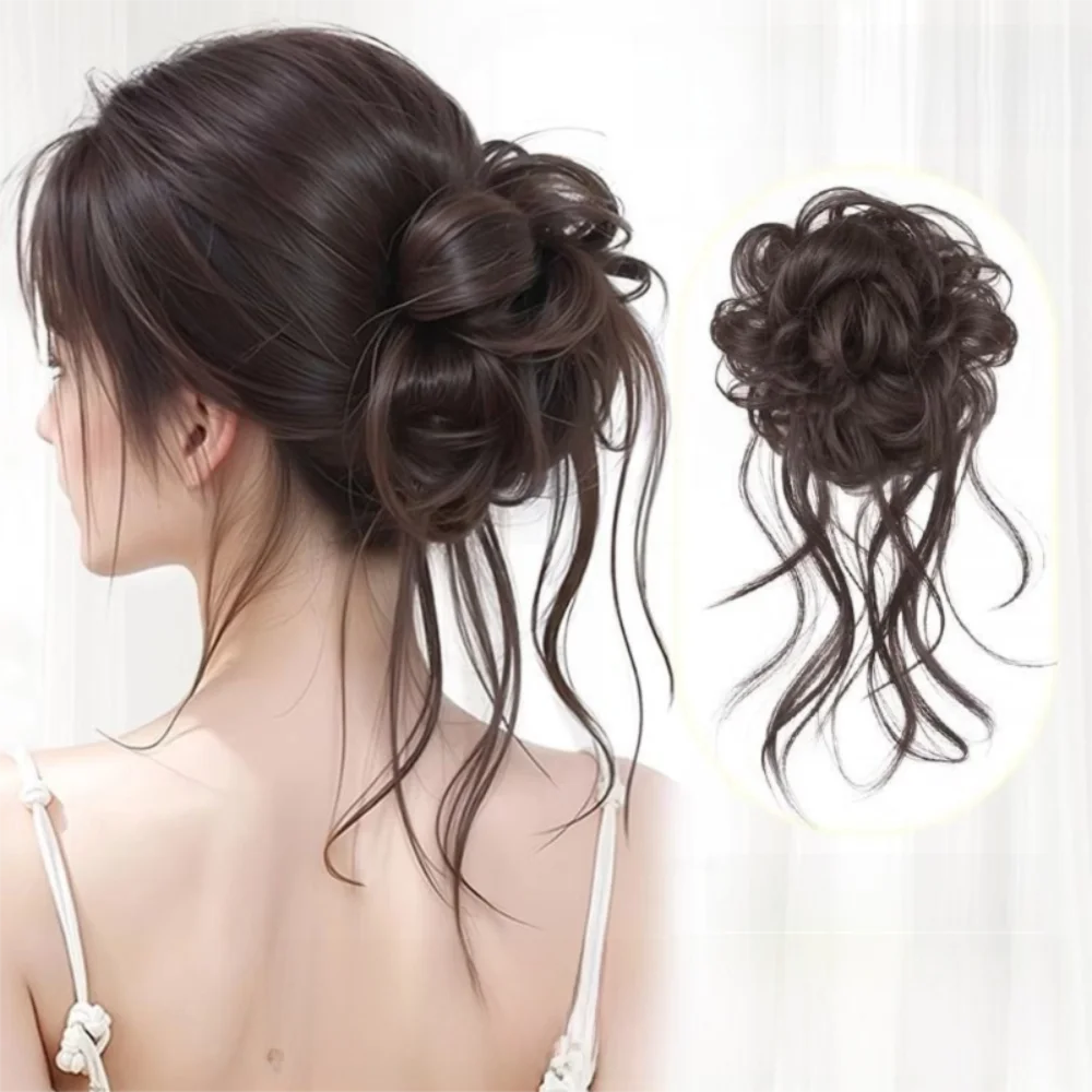 Neuer Synthetischer Haarknoten mit Klammer, Natürlich Schwarzer Lockiger Haarknoten, Flauschige Braune Perücke, Haargummi für Frauen