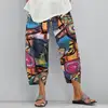 Women Harem Pants Vintage Cotton Linen Elastic Waist Wide Leg Trousers 5