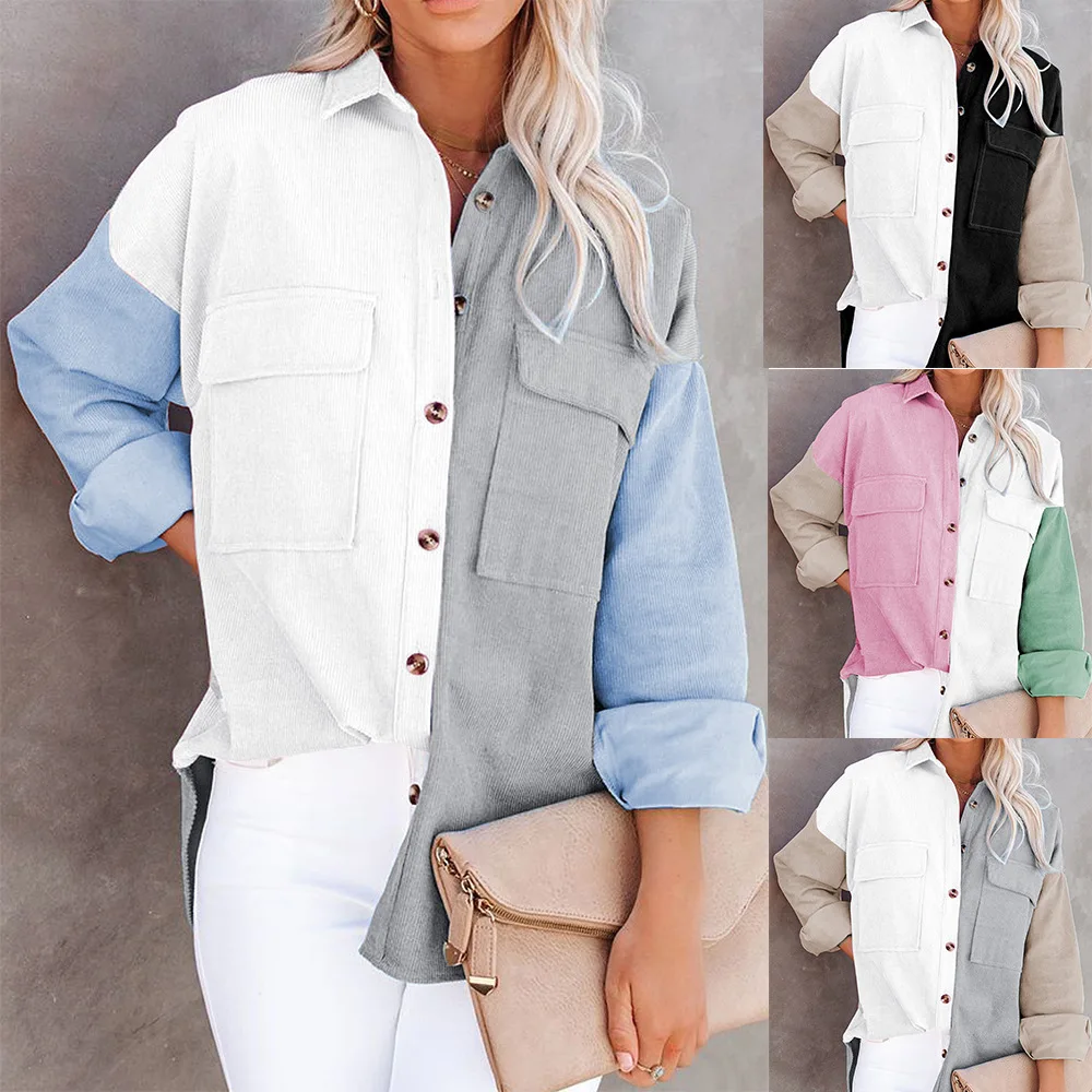 

Women Patchwork Blouses Corduroy Long Sleeve Single Breasted Turn-down Collar Shirt Office Lady Pocket Streetwear Elegant Shirt