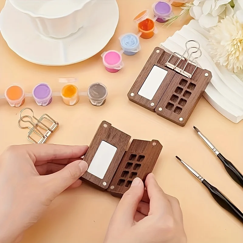 Portable Walnut Wood Mini Art Palette Box with 8 Compartments