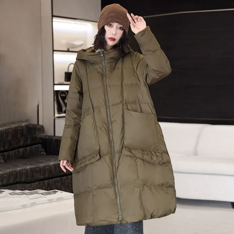 2023 New Women Down Jacket Winter Coat Female Mid Length Version Parkas Loose Large Size Thick Outwear Hooded Slim Fit Overcoat