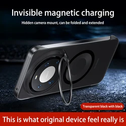 Frameless Magnetic Phone Case with Lens Stand Holder and Transparent Protective Back Cover for Huawei Mate 60 Pro+ (Black)