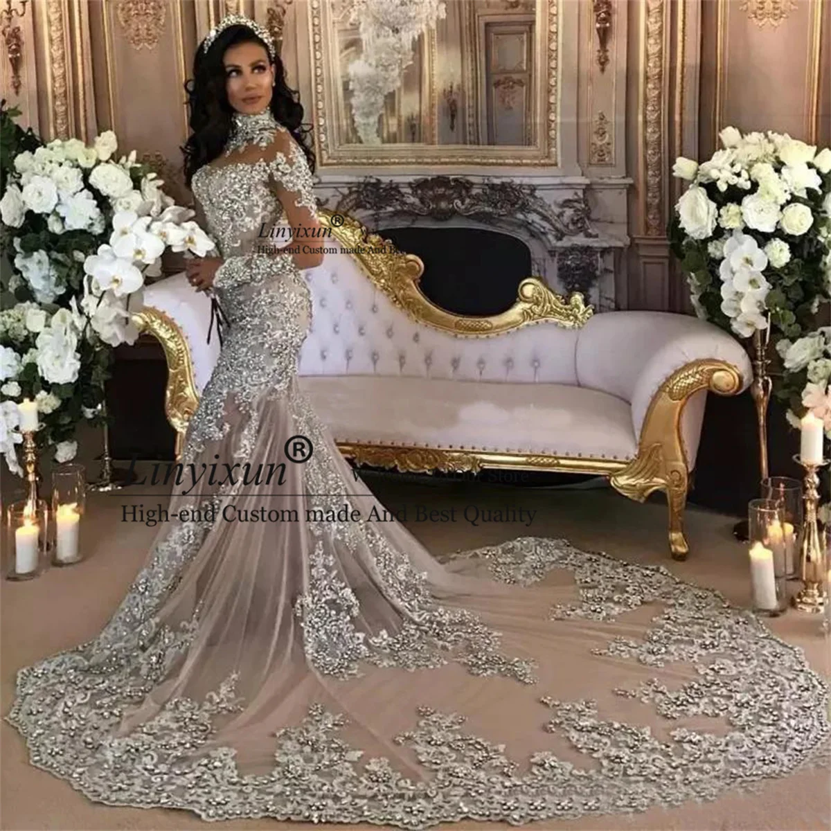 

Dubai Arabic Mermaid Wedding Dresses Bling Beads Pearl Applique Bridal Gowns High Neck Illusion Full Sleeves vestidos de novia