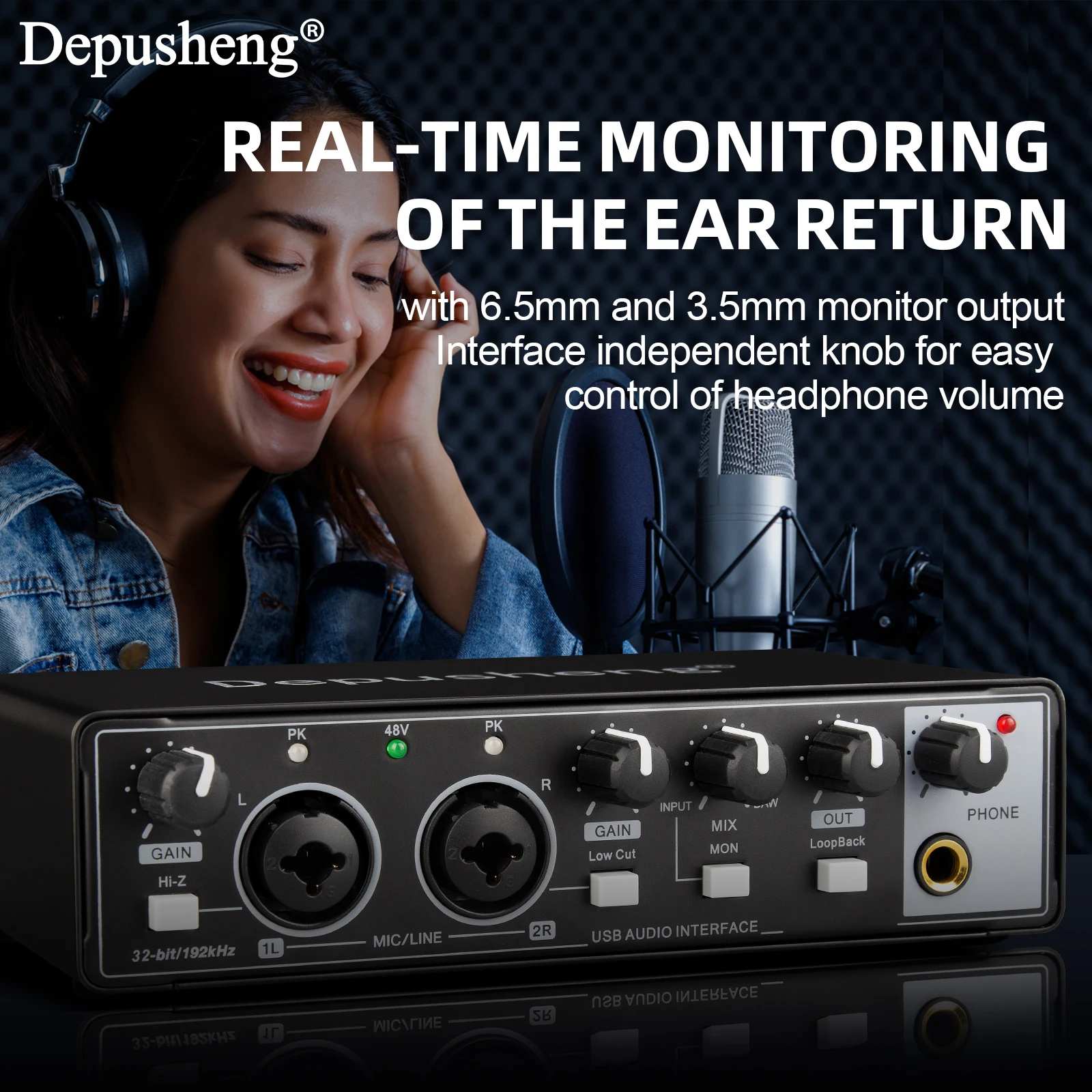 Professionelle Soundkarte Depusheng MD32 Audio-Interface TYPE-C mit Monitoring für E-Gitarre, Live-Aufnahme und Studio-Gesang – Detail 13