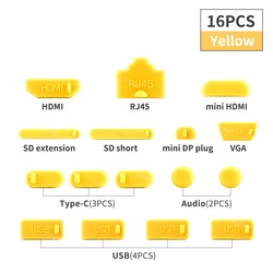 Universal Notebook USB Silicone Anti - Dust Plug Set - 16 - Piece Laptop Port Protection Kit (Yellow)