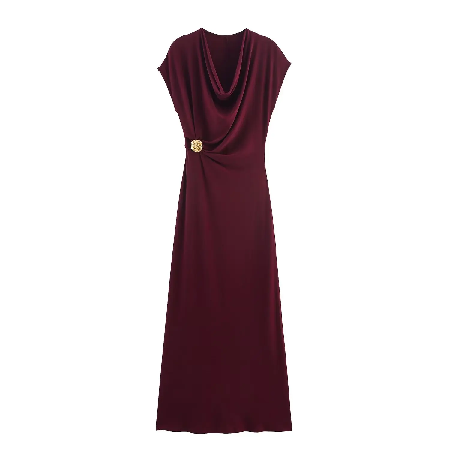 Women'S New Dress Elegant Evening Gown With Hanging Pleated Collar Solid Color Dress Women'S Metal Button Sleeveless Long Dress