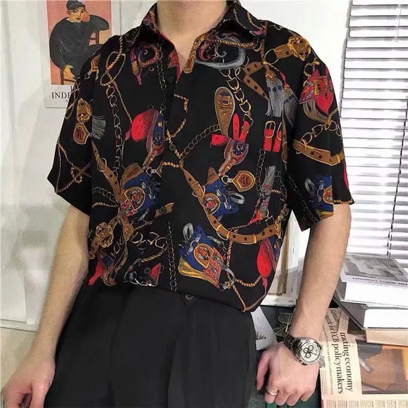 Elegant Fashion Harajuku Slim Fit Male Clothes Loose Casual Sport All Match Outerwear Square Neck Printed Short Sleeve Blusa