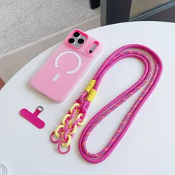 Magnetic Shockproof Candy Crossbody Lanyard Case with Braided Neck Strap - iPhone 15 Plus (Rose hao)