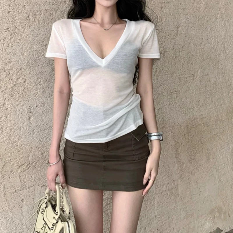 Women Short Sleeves T Shirt See Through Summer Solid Slim Casual Shirts Female Pullovers Basic Tee Y2k Clothes Streetwear Top 2
