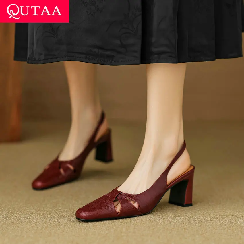 

Женские босоножки с ремешком на пятке QUTAA, черные туфли из натуральной кожи на высоком толстом каблуке, обувь для вечеринки, размеры 34-40, для весны и лета, 2024