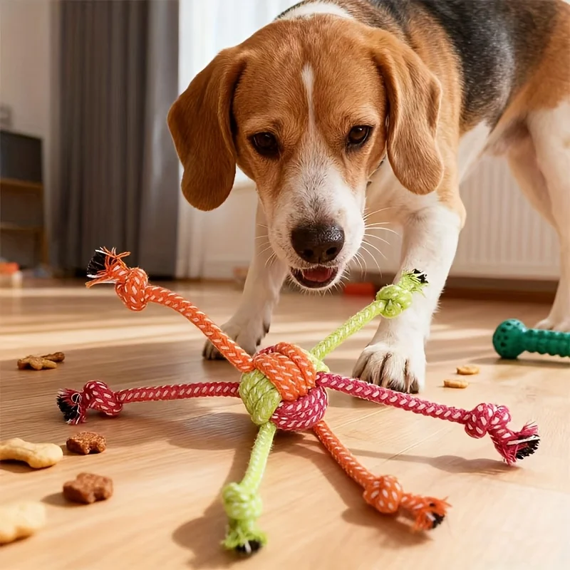 Giocattolo colorato per cani con nodo in corda stile caramello, giocattolo interattivo da masticare e tappeto durevole per la pulizia dei denti di animali domestici intrecciati di cani di piccola taglia e media