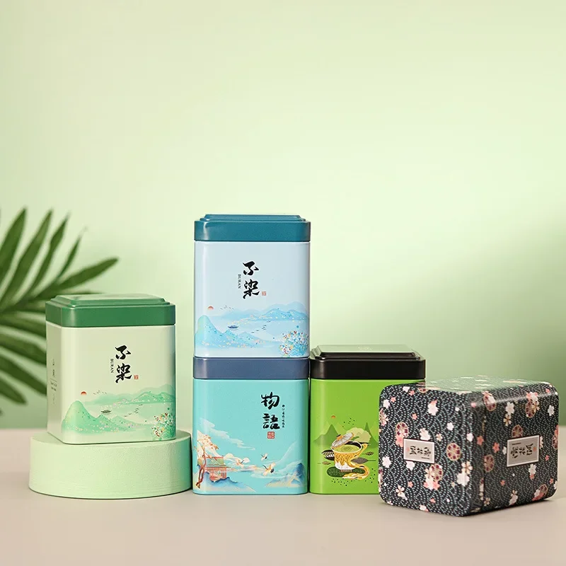Mini Tin Storage Box tea tin box tea canister Sealed Tea Caddy Small Square Coffee Jar Tea Leaves Container Cans Small Tinplate Spices Storage Boxes