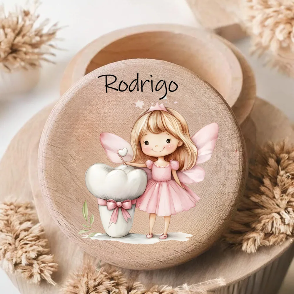 תיבת פיירי מותאמת אישית לשמירה על חוט השן והמשחת השן, תיבת עץ חמודה עם שם, מתנת טקס הטבילה לתינוק