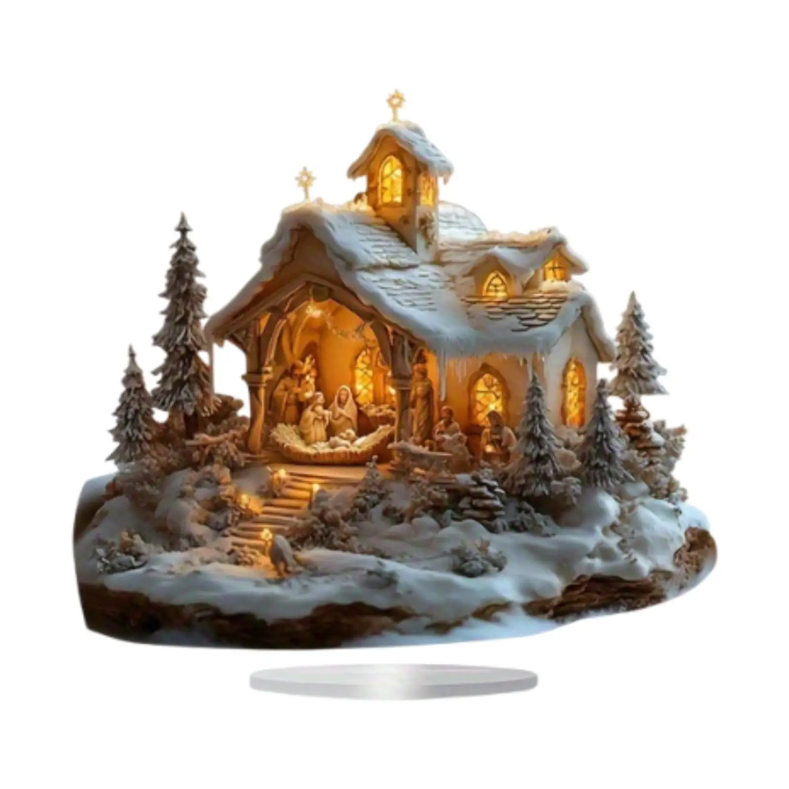 Jesus Figurine Snow Scene House Tabletop Decor Desk Display Collection Christmas