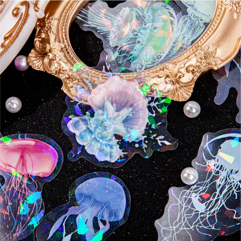 

Assorted Animal Themed Jellyfish Cats Laser Stickers PET Waterproof Labels Aesthetic Phone Decor Scrapbooking Diary DIY Collage