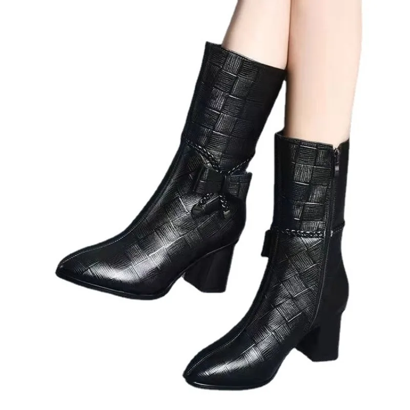 Boots woman winter 2023 Women's Boots Fashion Mid-tube Mother Boots Leather Pointed Platform Boots British Style Riding Boots