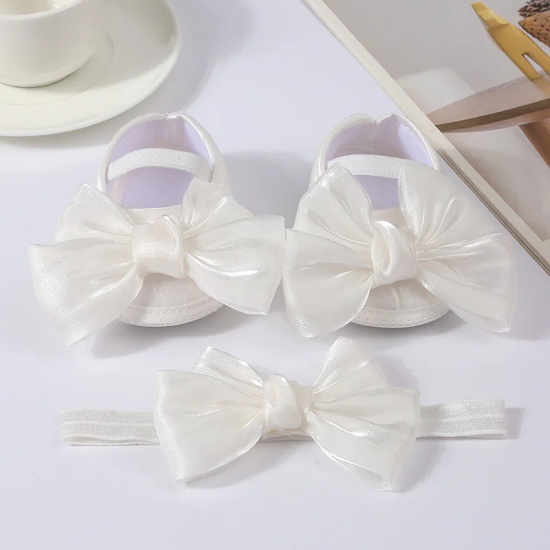 Princess Bowknot Baby Girls Baptism Shoes with Headband Cute Shiny Mary Jane Flats and Hairband Soft Sole Kids First Walkers 3